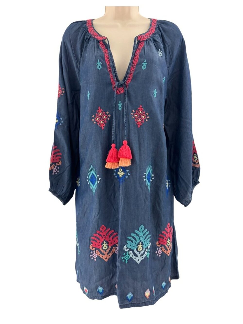 Tommy Bahama Embroidered Chambray Tunic Dress Size M New Boho Peasant Tassels